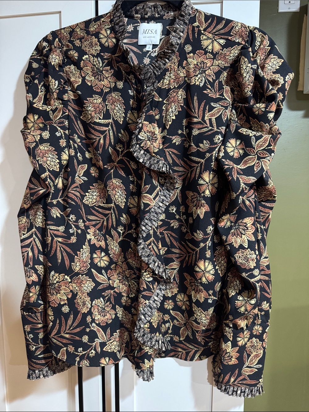 MISA Los Angeles Floral Ruffle Tie Neck Blouse — Black with Mustard & Brown
